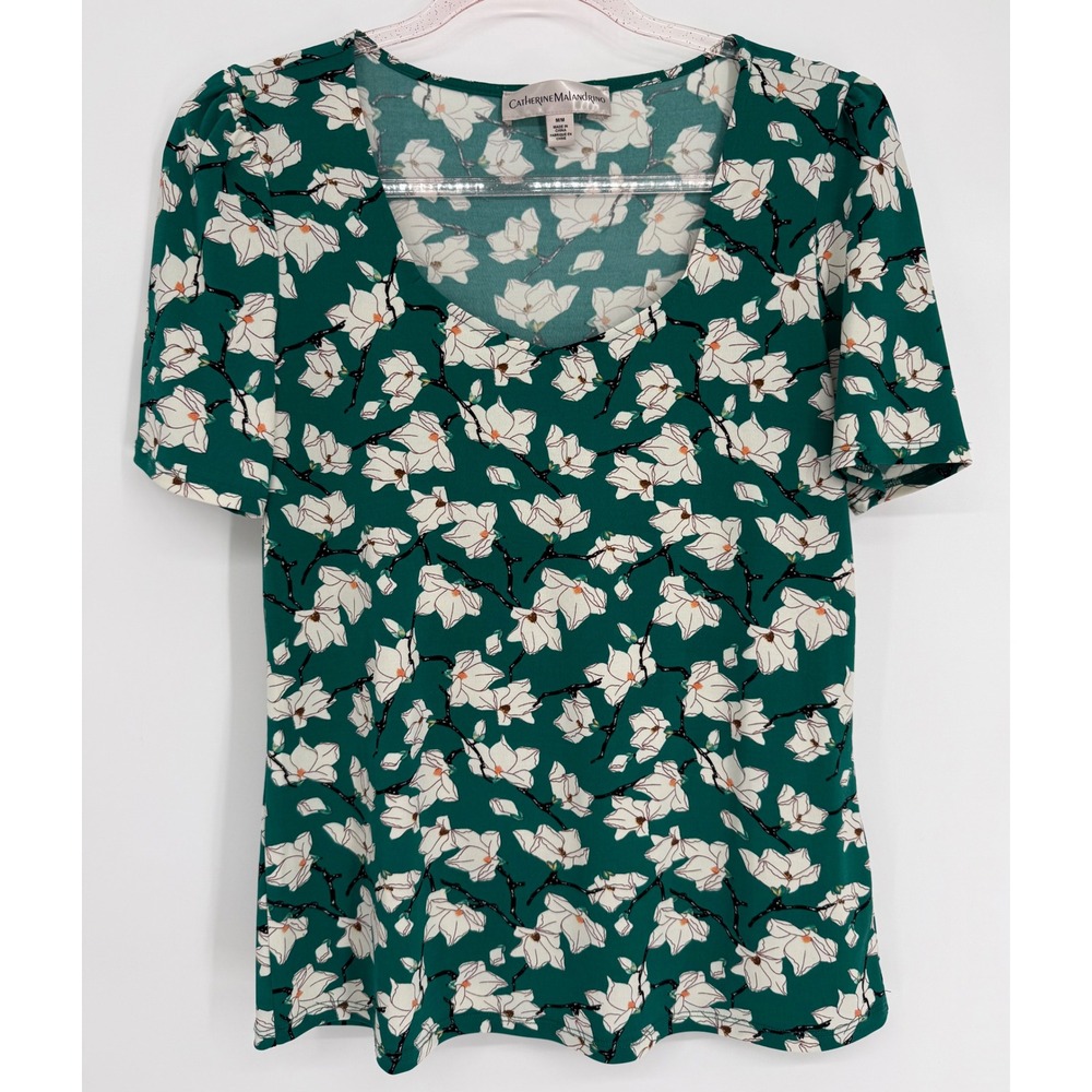Catherine Malandrino Green Floral Magnolia Scoop Neck Knit Top Blouse Sz M